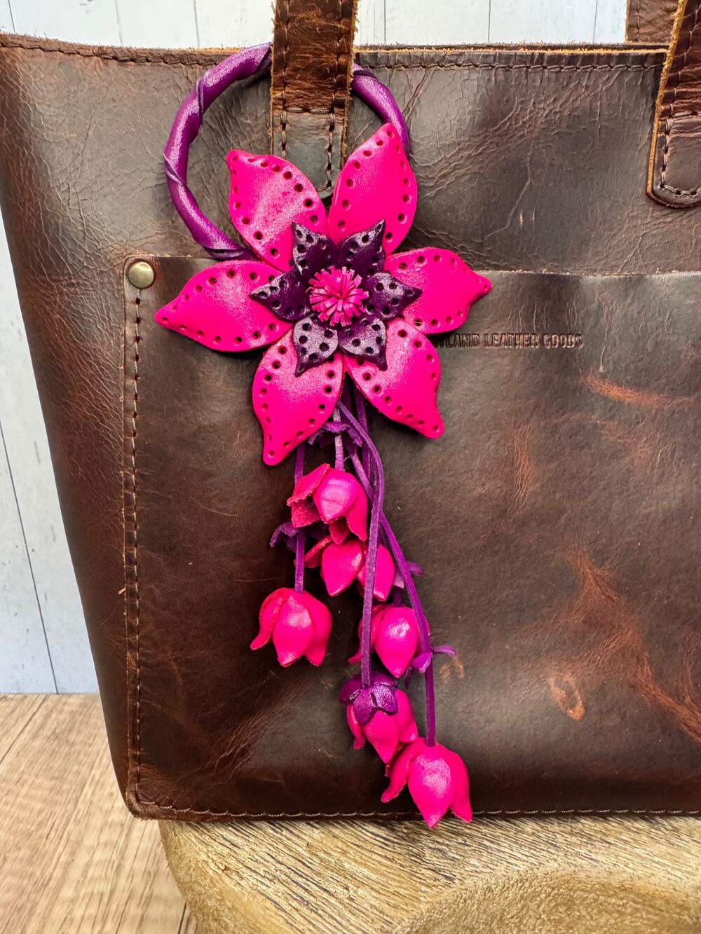 Leather Purse Charm Genuine Leather Bright Pink Flower Bag Charm NEW FAST SHIP